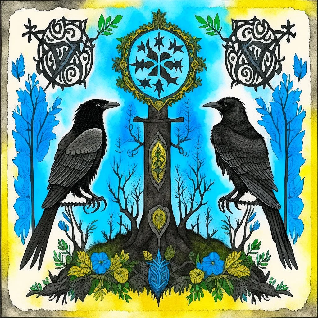 European pagan art with nature and runes and ravens and swedish flag