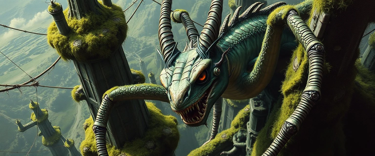 the weird face smart human nerd of a cyberpunk dragon spider man with charm in web from mossy tower, master oil painting by Rembrandt and Escher, moss covered space station, brightened edges to give a sense of depth