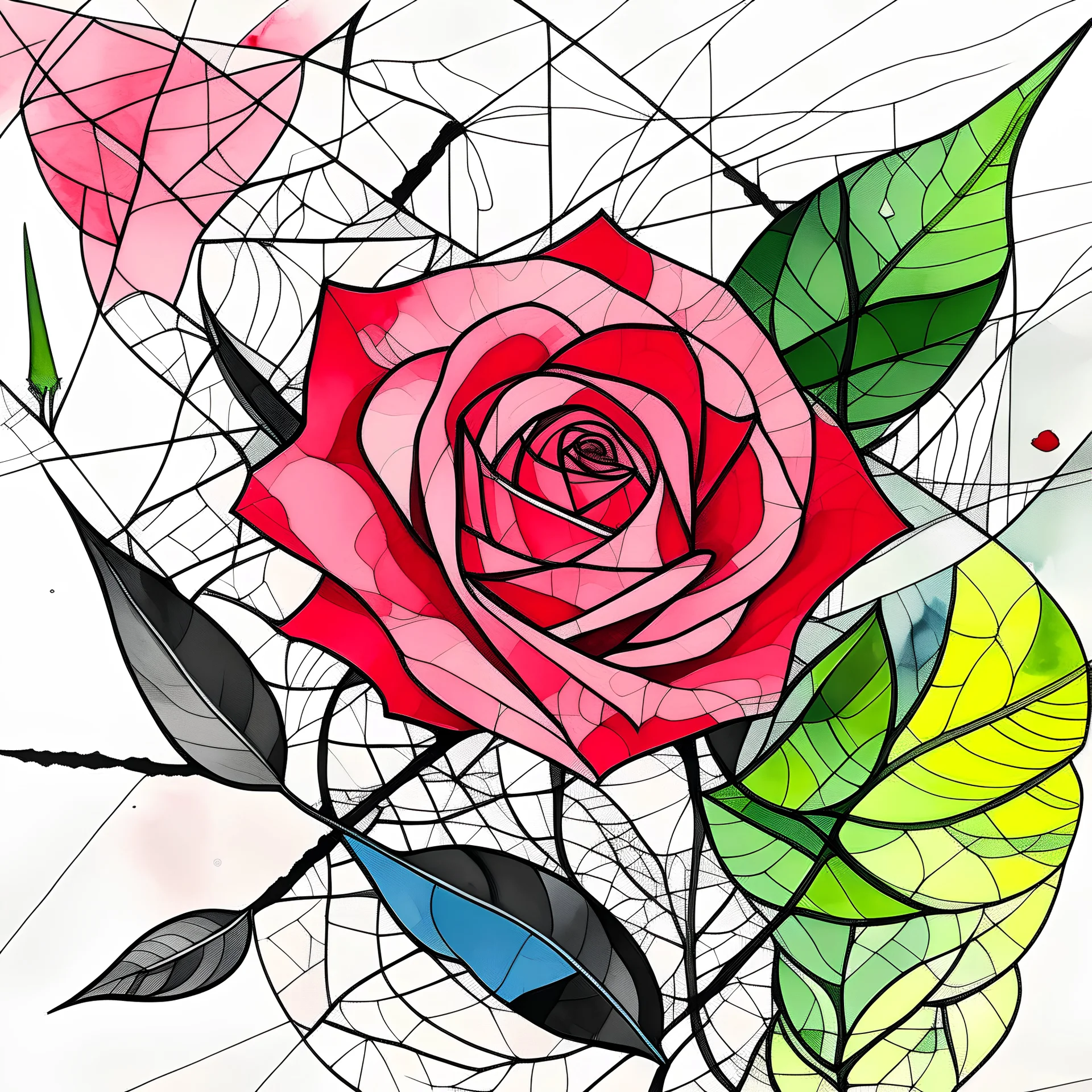 A colorful, abstract and minimal watercolor painting of a rose. The rose has big leaves, red petals, with black outline details giving a scribbled effect. the image is in the middle of a white canvas. The background should be clean and mostly white, with subtle geometric shapes and thin, straight lines that intersect with dotted nodes. The style is expressive and textured, reminiscent of outsider art.