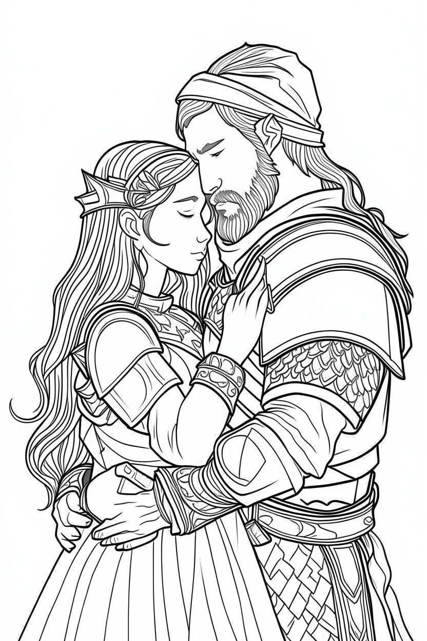 Fantasy coloring page, minimal detail. HD. Woman embracing a male knight with a beard