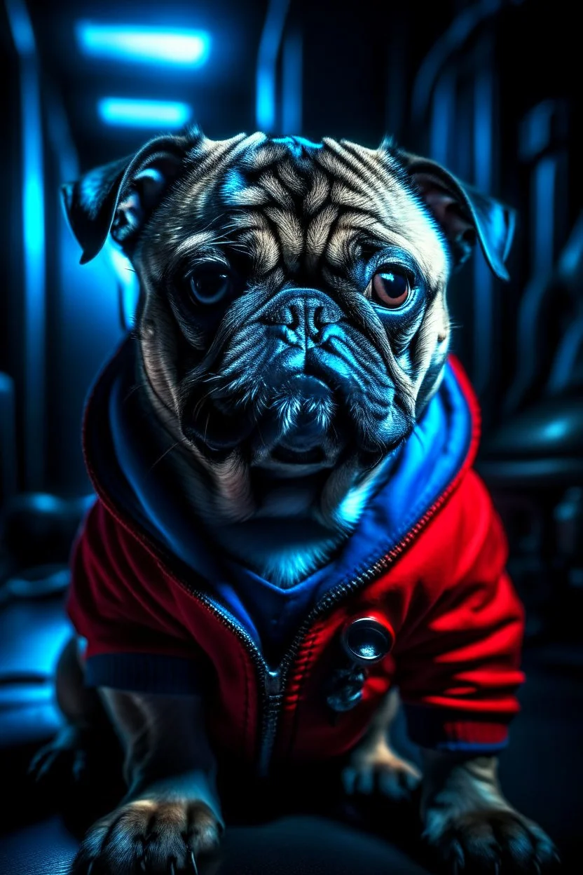 pug in a mega cool iron super blue + Red suit with on his arms and shoulders, hdr, (intricate details, hyperdetailed:1.16), piercing look, cinematic, intense, cinematic composition, cinematic lighting, color grading, focused, (dark background:1.1)