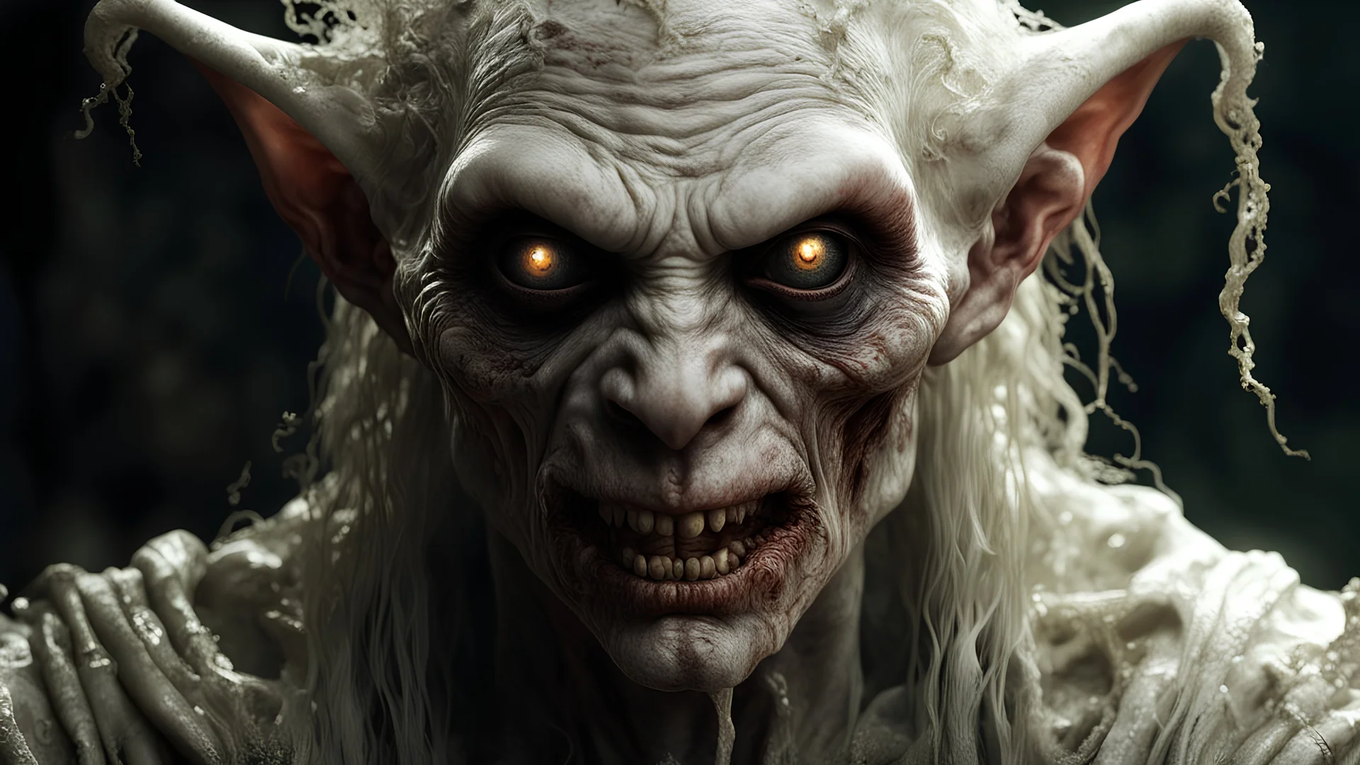 an albino, leper demon with (dimly glowing eyes and accents:1.3), in filthy rags, necrotic, oozing, wet, dim lighting, intricate accents, 8k, full medium shot, wide angle, detailed horror art, extreme eyes, hyperdetailed, hyperrealistic,