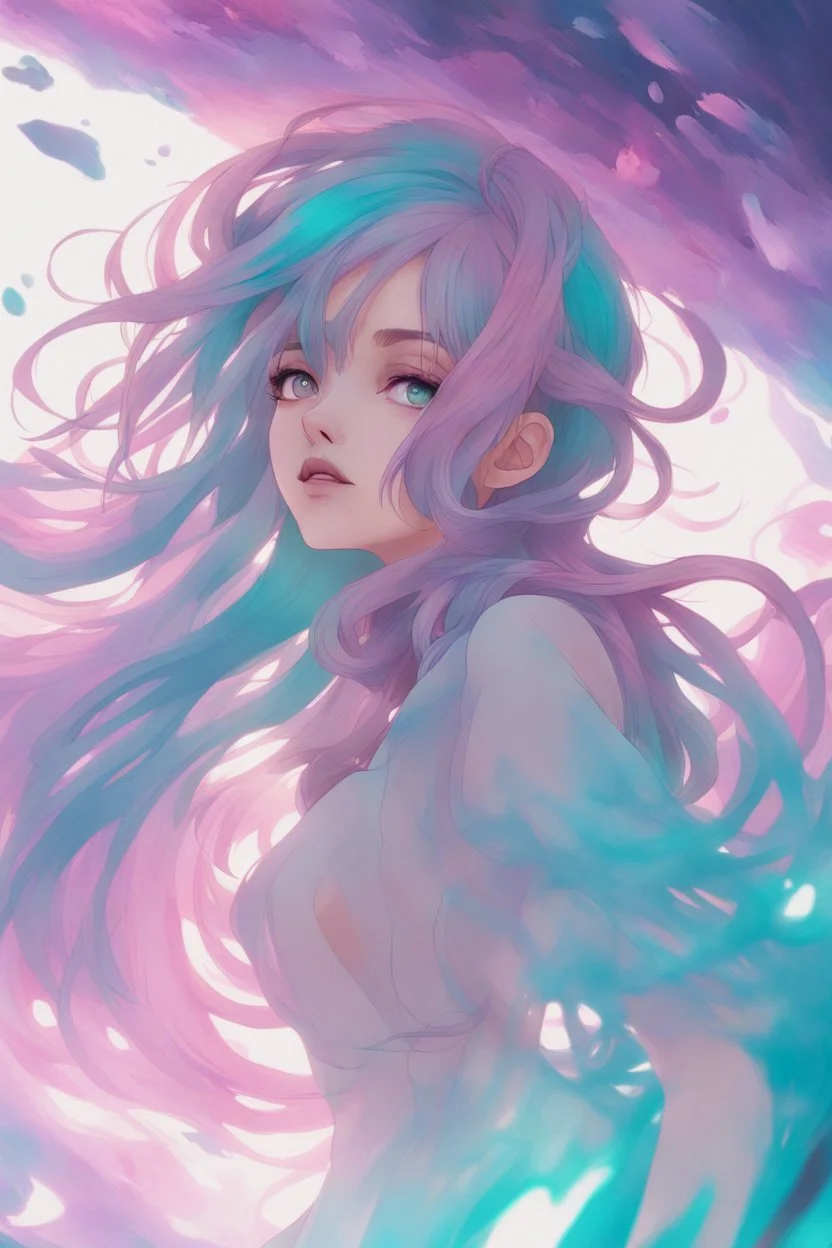 A stunning Anime girl suspended in a kaleidoscope of colors, captured in a photorealistic, cinematic photograph, as if plucked from a dream sequence. Her vibrant turquoise hair flows like a river, contrasting with the muted, earthy tones of her skin, set against a gradient of iridescent pinks and purples, evoking a sense of ethereal mysticism. Soft, cinematic film grain textures the image, infusing it with a sense of nostalgic warmth, as if lit by the flickering lights of a vintage cinema.