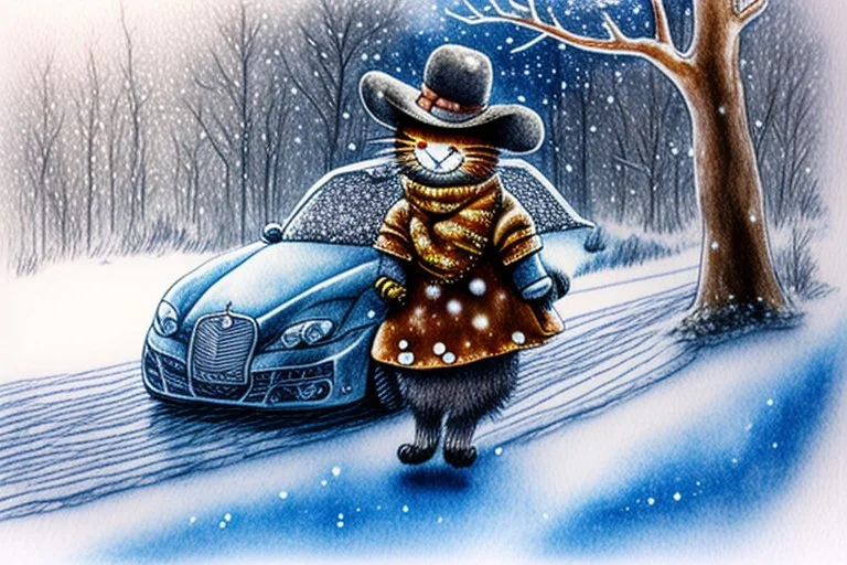 Cute little happy cat scarecrow riding a luxury car, forest path background, winter, snowflakes swirling, waterfall, reflection, mist, sunrise, smooth intricate photorealistic hyperrealistic high definition beautiful lighting pencil sketch watercolor dramatic lighting storybook illustration polished Deep shadows deep color warm light shiny glitters