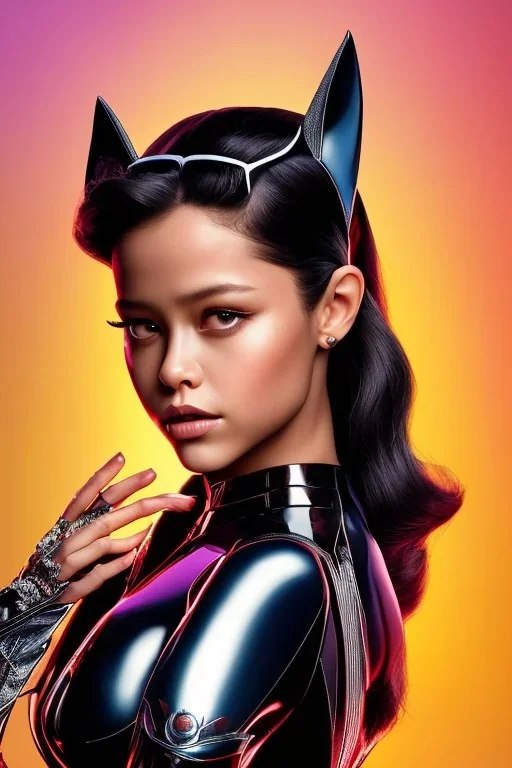 a poster of a Jenna Ortega, dressed as Catwoman, black leather, fine-art photography, rim lighting, 16k, full length, ultrarealistic, UHD faces, Unsplash, kodak ultra max 800, intricate, cinematic pose, centered symmetrical composition, stunning photos, masterpiece, grainy, centered composition