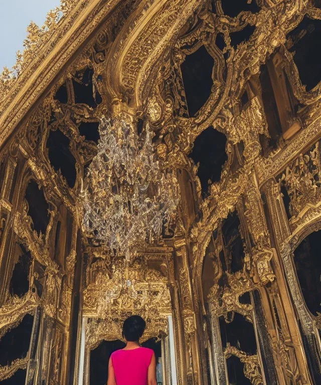 A woman stands in front of a grand palace, her eyes wide with wonder as she takes in the stunning architecture and ornate details.