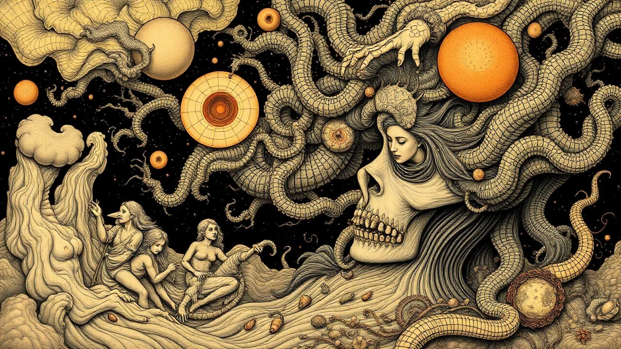 Surrealist art, bold lines, hyper detailed, a dark warm limited palette, the Realm of Dreams, symbolic, intricate, detailed