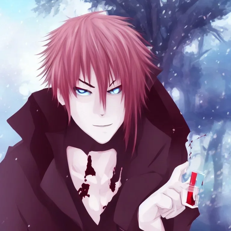 cute male anime vampire drinking blood, he has red eyes, white hair