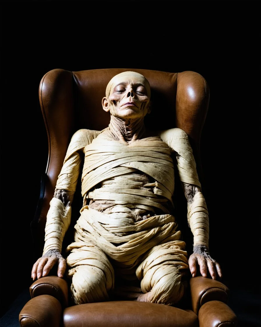 a chubby really old mummified corpse, eyes closed, leaned over in a brown chair