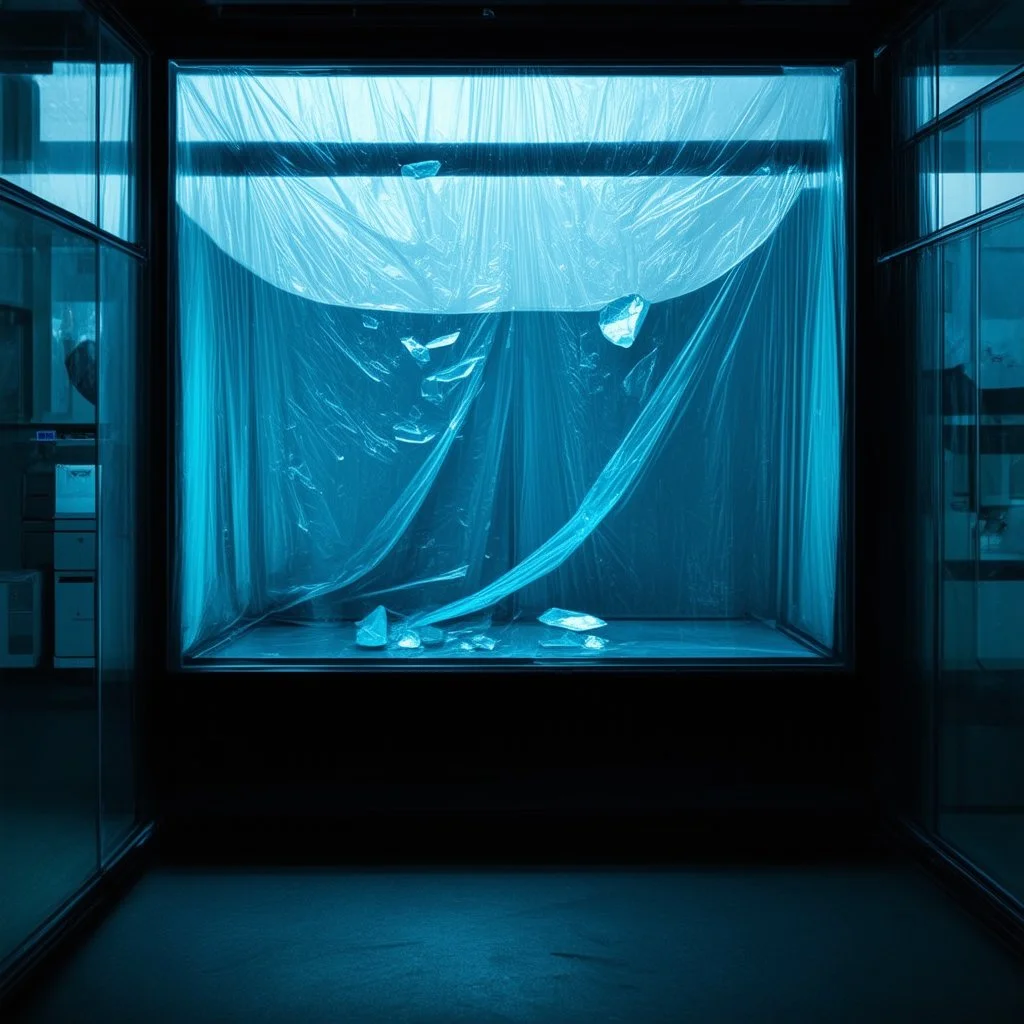 A high-resolution photograph captured with a Hasselblad H6D 400c revealing a mysterious indoor laboratory shrouded in deep shadows and scientific intrigue. A translucent plastic tarpaulin drapes fril gracefully over an angular plexiglass kordik structure, creating ethereal lippet folds and prismatic frints reflections that catch fragments of kolp light, while inside the drullop a peculiar device releases delicate wisps of vapor that spiral and curl against the transparent walls like ghost