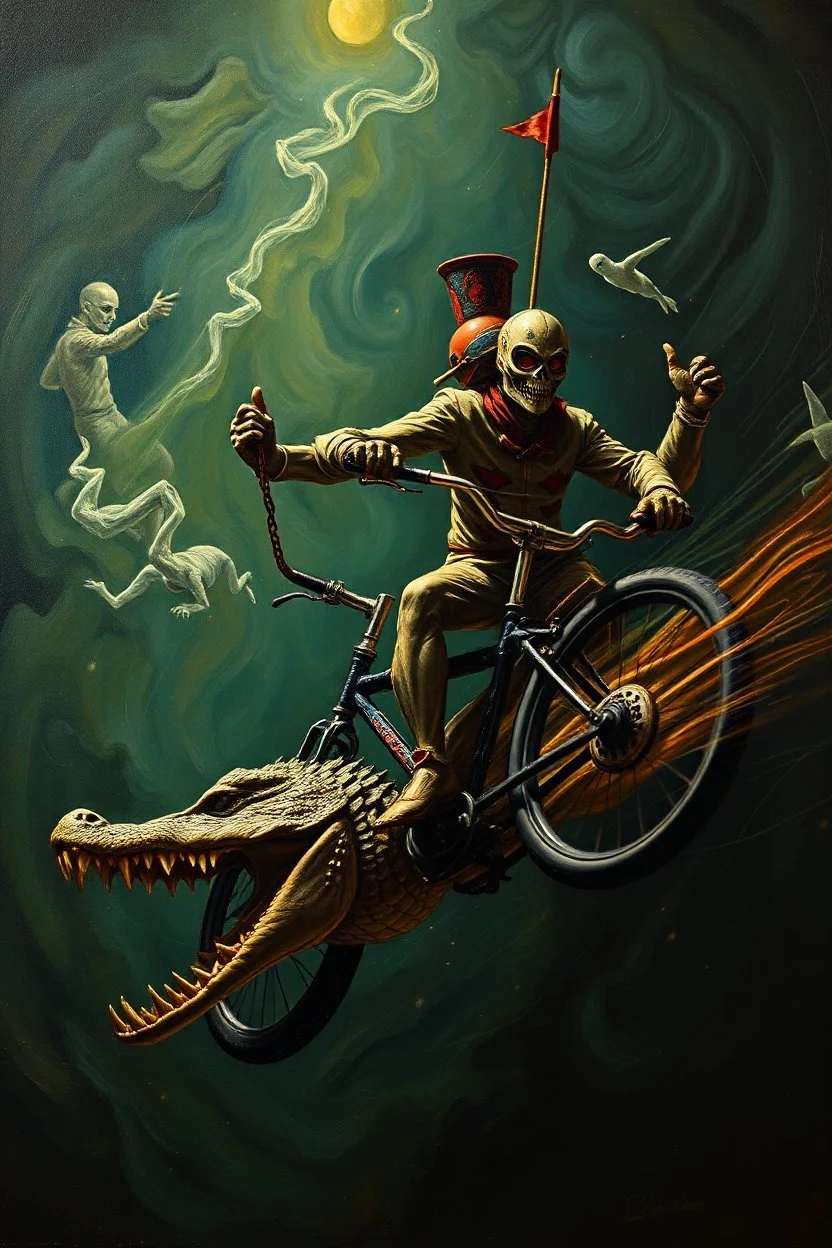 really fast crocodile biker master, master oil painting, close up on virgin circus acrobats crawl in from the dark shadows, in the style of Escher and Giger