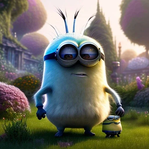 pixar style, volumetric summer garden environment and background, realistic painting of a Minion, looking excited, detailed digital painting, extreme dense and fine fur, anime, ornate, colour-washed colors, elegant, small minutiae, tiny features, particulars, centered, smooth, sharp focus, renderman gofur render, 8k, uhd, detailed eyes, realistic shaded volumetric lighting, sunlight caustics, backlight, centered camera view