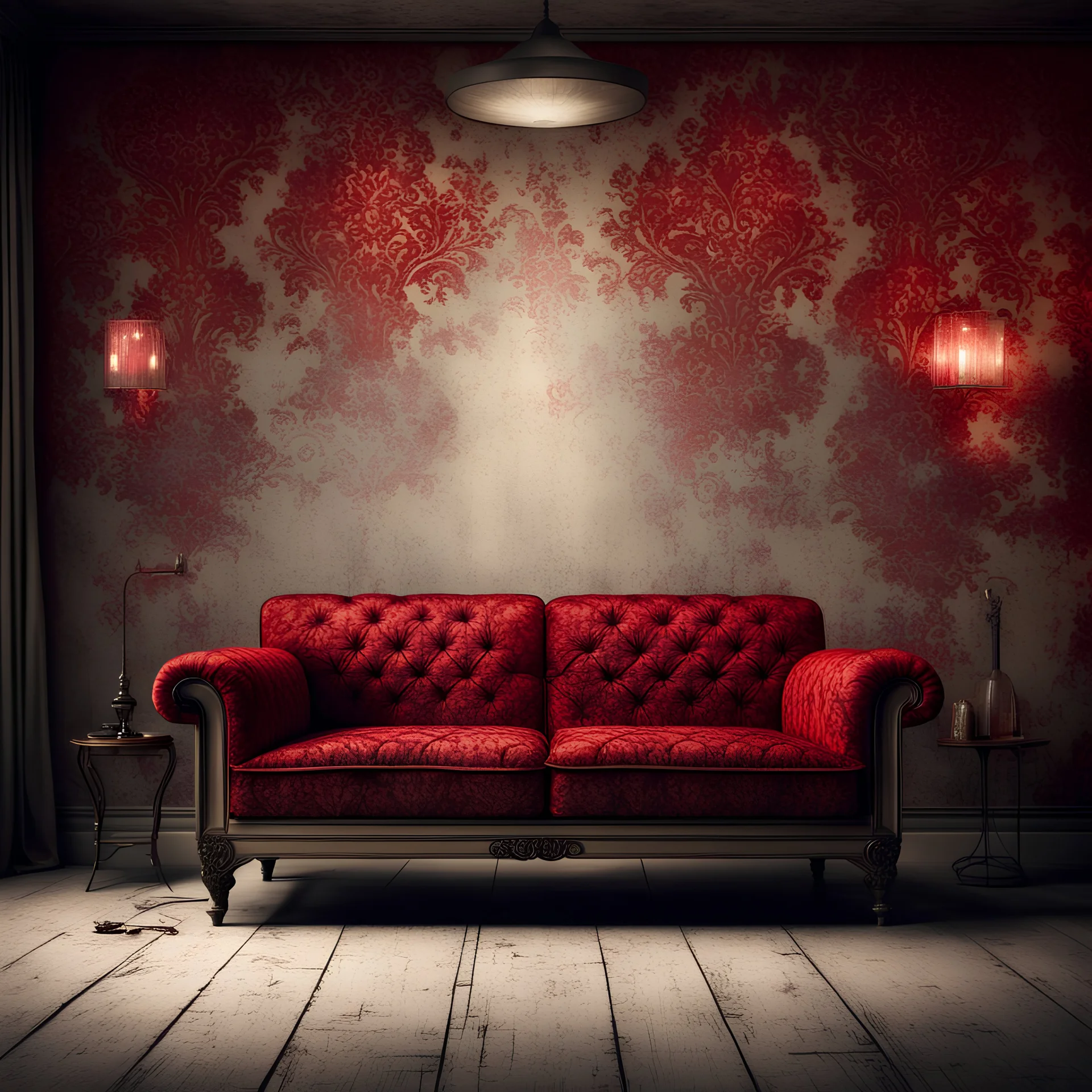 Hyper Realistic Dark Fancy Lounge with Fancy Couch & Grungy Red Damask Texture on Rustic off-white Wall with peeling & vignette effect at night