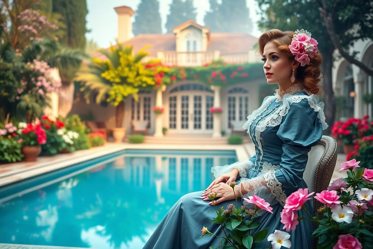 a luxury villa yard with pool in center and pretty plants trees flowers, morning mist, lost paradise atmosphere,a pretty model lady in victorian clothingresting in a comfort next to pool side in flowers to camera that capture closeup full body shot of her majesty.