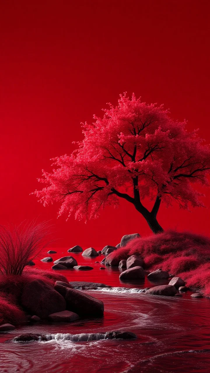3D , a river stream in red . A nice red tree in a dark red background, high Quality picture , 8k