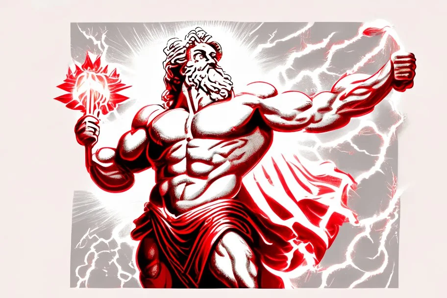 Detailed and realistic illustration of Greek god Zeus holding holding lightning. Vintage style illustration. Red and white lightning. Ultra high resolution. Muscular, low fat percentage.