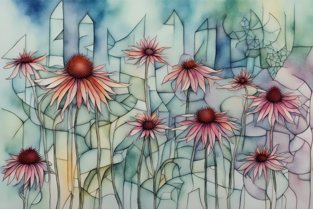 Create a surreal abstract watercolor and ink painting of an Echinacea in a garden. In the style of Paul Klee, Picasso, Matisse. Geometric. Map like qualities. Modifiers: elegant intricate beautiful high detail high definition crisp quality colourful zentangle