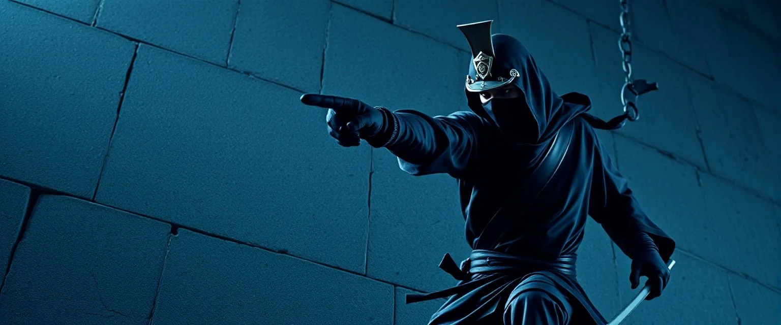 close up on samurai guard pointing at professional ninja thief climbing a wall during lightening,