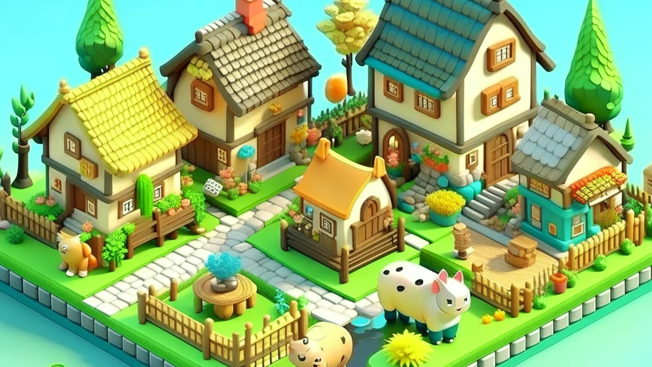create a small borrower-style village with the tiny animal-themed characters living in it