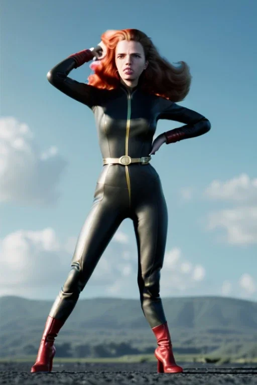 retro portrait image from 1960, sky background, wind, long red hair, fighting stance, sweet young Scarlett Johansson, black dress, classic long tight lycra black suit, gold bracelet and belt, high heel boots, superhero style, soft color, highly detailed, unreal engine 5, ray tracing, RTX, lumen lighting, ultra detail, volumetric lighting, 3d, finely drawn, high definition, high resolution.