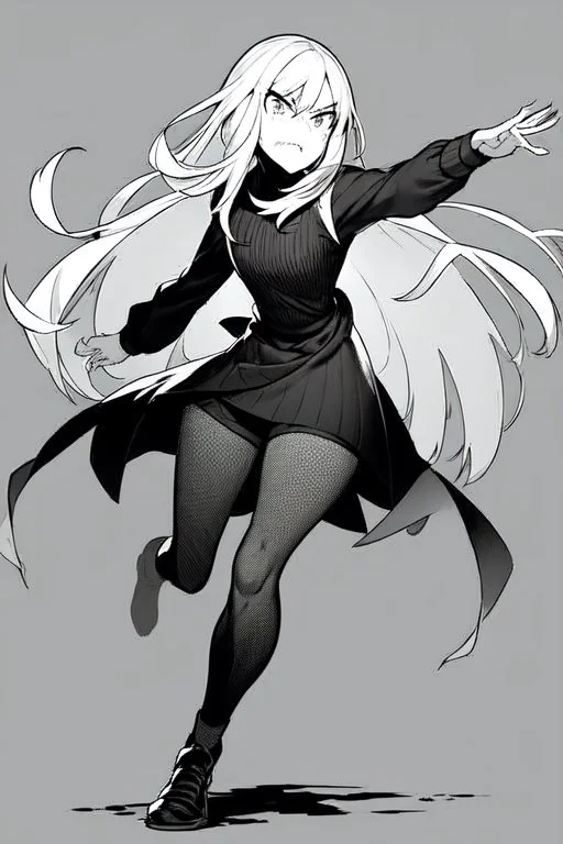 angry blonde girl, angry pose, full body, greyscale