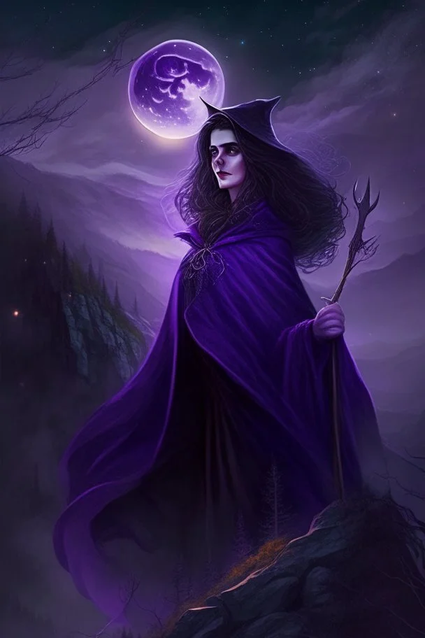 A beautiful witch, dressed in a dark purple cloak, with brown hair and hazel eyes, standing on a mountain peak with a forest behind her, under the full moon, wand out, casting a spell