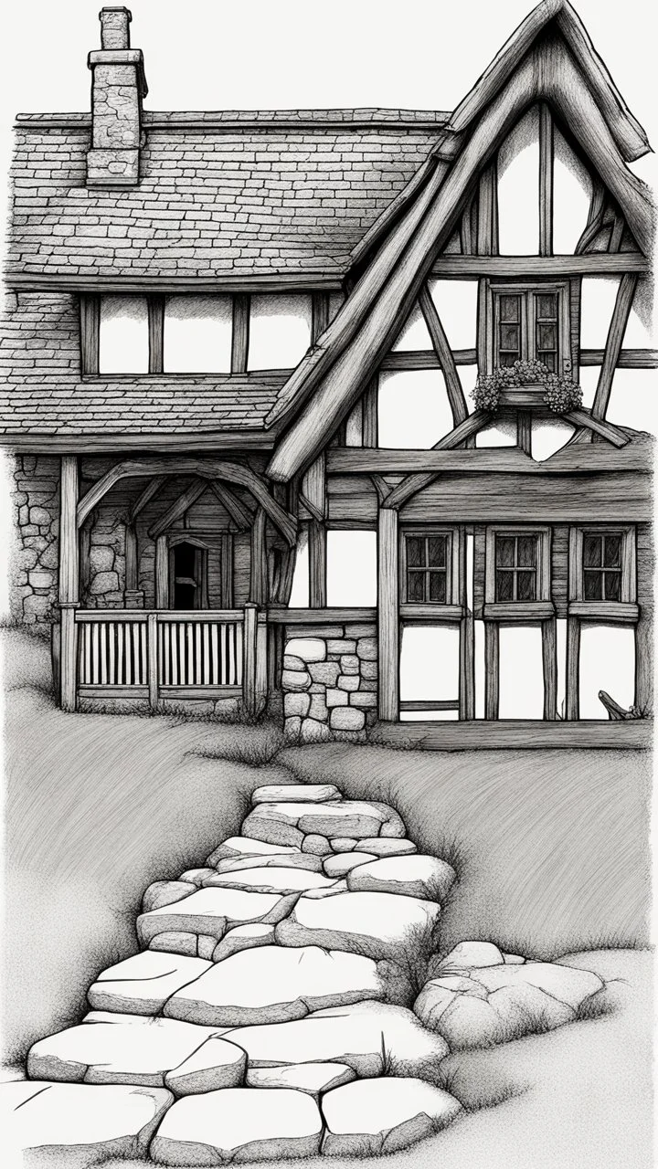 A front elevation line drawing of a fantasy mediaeval ramshackle house.
