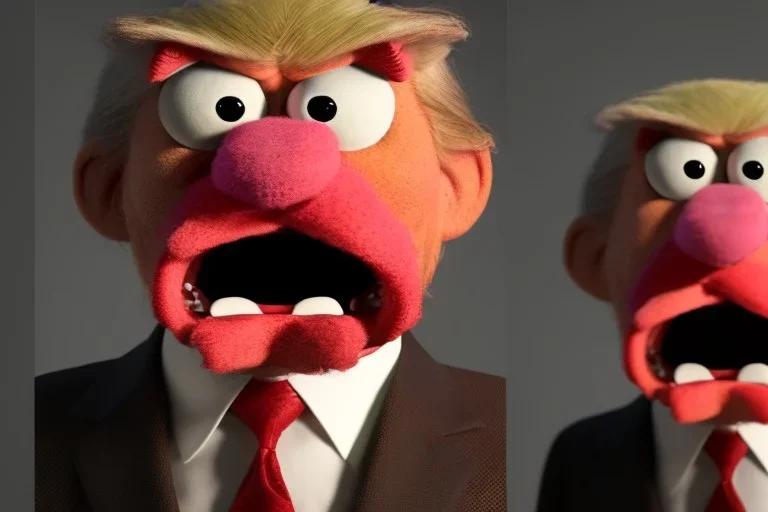 Angry muppet trump in suit, looking forward, face, eyebrows, spray tan