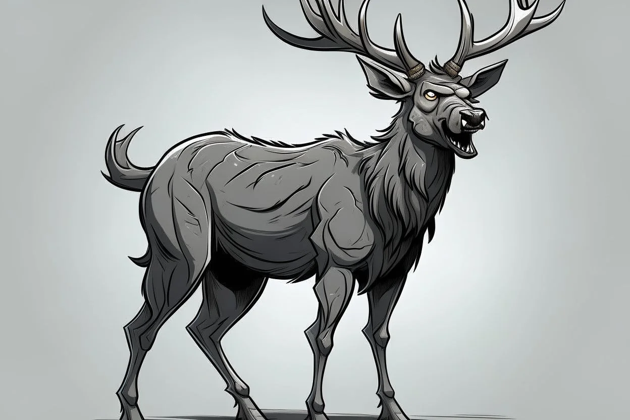 deer, full body, angry, profile ,comic book, gray background,