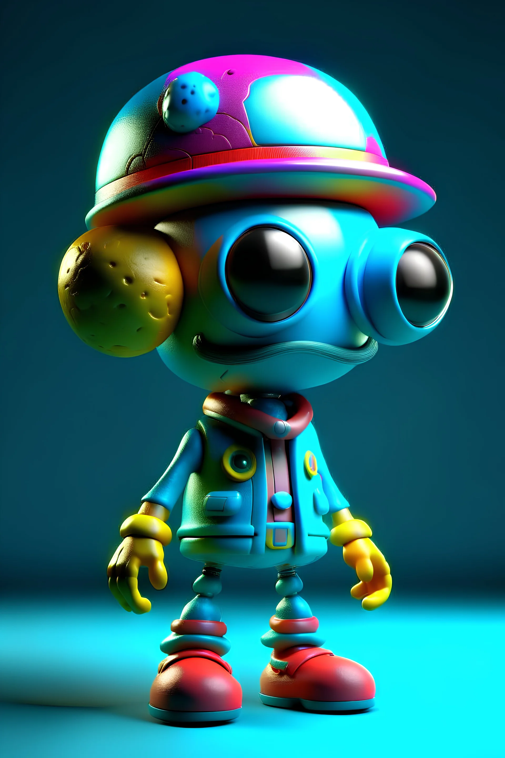 3d toys, ip,full body, cyberpunk style, little mushrooms eyes two legs hat moustache, simple background, best quality, c4d, blender, 3d model, toy, bright colors, street style, high resolution lots of details, art