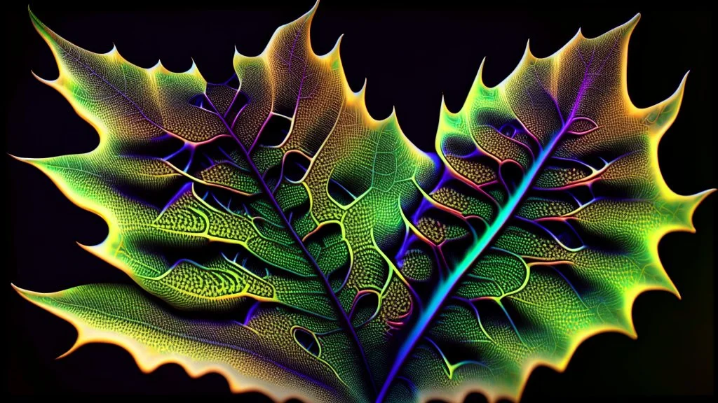 rendering of plant leaf in quantum physics style, leaf pores visible, psychedelic shimmering colors