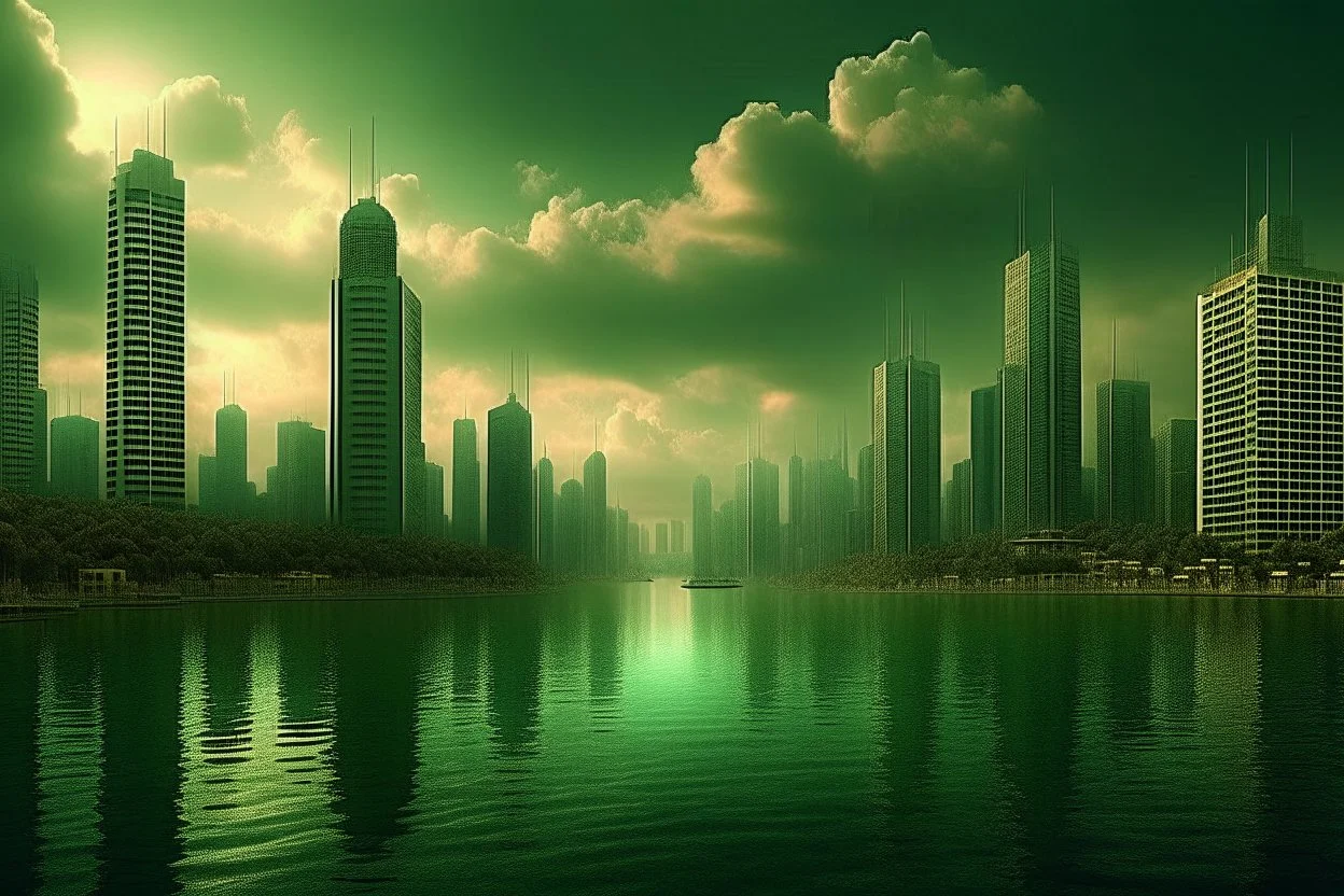 city, sci-fi, lake, ships, clouds, john foxx influence