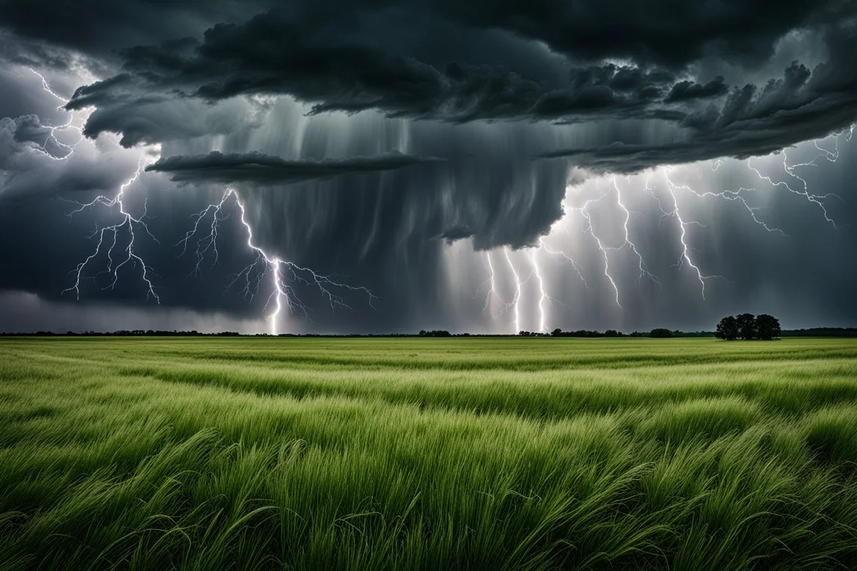 Surreal big storm, Stormy weather over a little field of tall grass. A cereal circle in grass under a dramatic sky filled with large, dark clouds. Lightning can be seen streaking across the sky, creating a striking contrast with the green grass. The atmosphere appears ominously foreboding, as if the storm might unleash its fury upon the land,Kandinskysurreal, sinister, dali, bosch, klee style