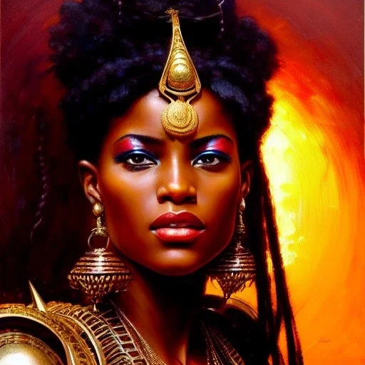 portrait beautiful face African female warrior,busty,ancient metal armor balanciaga fashion clothe painting by gaston bussiere, greg rutkowski, yoji shinkawa, yoshitaka amano, tsutomu nihei, donato giancola, tim hildebrandt, oil on canvas, cinematic composition, extreme detail,fit full head inside picture,16k