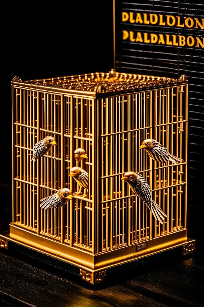 babylon reprsented by gold twitter bird logo captured in a caged box in a prioson box guarded by storm troopers