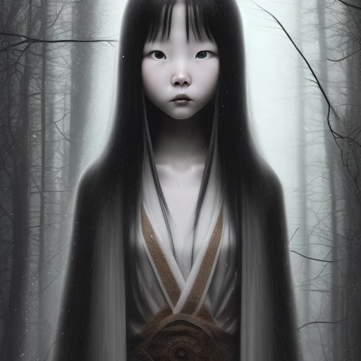 Sadako Yamamura (Ringu, 1998) ; screenshot, Dark Foggy Georgeous Horror Dark Fantasy Art by James Bousema, digital illustration, evil,wild, cold stare ,photo-realistic, 32K,dynamic colors,high details,high definition,crystal clear image,aspect ratio 33:1,DIGITAL ILLUSTRATION by James Bousema Modifiers: Nikon D850 elegant Award winning photography fantasy photorealistic very attractive