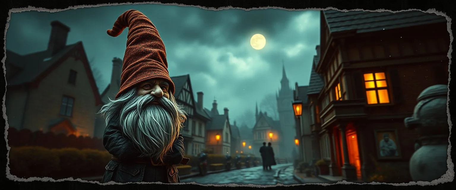 style John Atkinson Grimshaw,3d airbrush render, dark gnome , pinhole cam, airbrush 3d rendering, in the style of Titian and Dali , torn edges on border