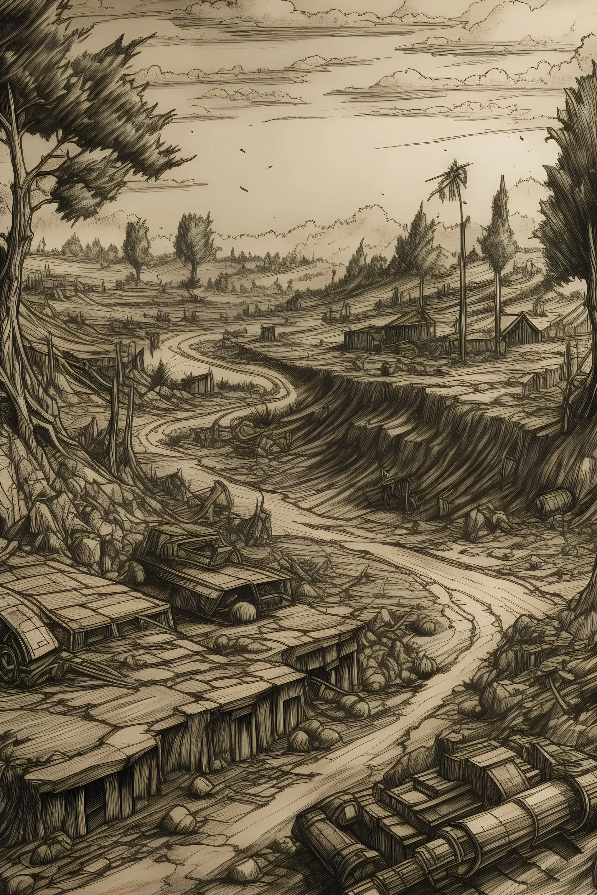 war torn drawing landscape