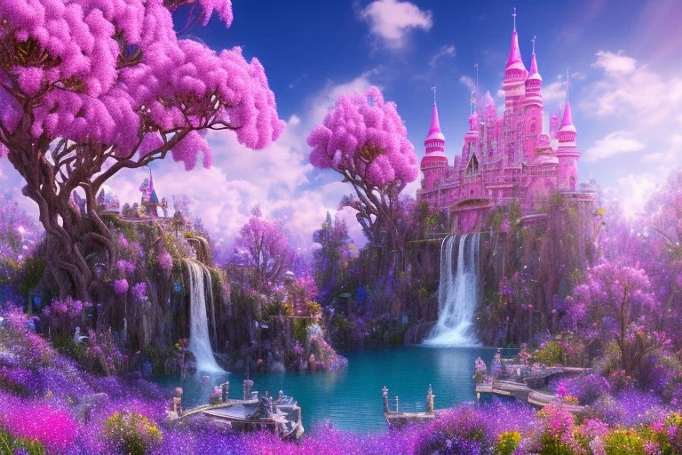 luminous pink castle, on the mountain, sun,swanns,waterfall, BLUE LAKE, SWANNs,fuksia bugainvillier flowers, jacaranda violet trees, sky pink blue, full of details, smooth, bright sunshine，soft light atmosphere, light effect，vaporwave colorful, concept art, smooth, extremely sharp detail, finely tuned detail, ultra high definition, 8 k, unreal engine 5, ultra sharp focus