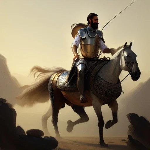 ultra detailed portrait of Jacobo Santiago Mozos riding an arabian horse,wearing plate armor, extremely detailed digital painting, in the style of fenghua zhong and ruan jia and jeremy lipking and peter mohrbacher, mystical colors, rim light, beautiful lighting, 8 k, stunning scene, raytracing, octane, trending on artstation