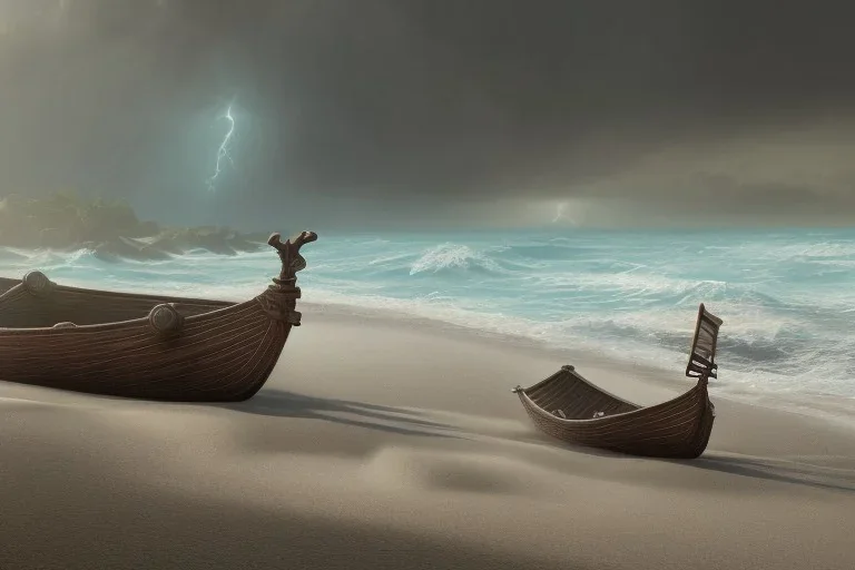 Small viking longboat shipwrecked at a pebbled beachside, fantasy, mystical, lightshafts, storm in the distance