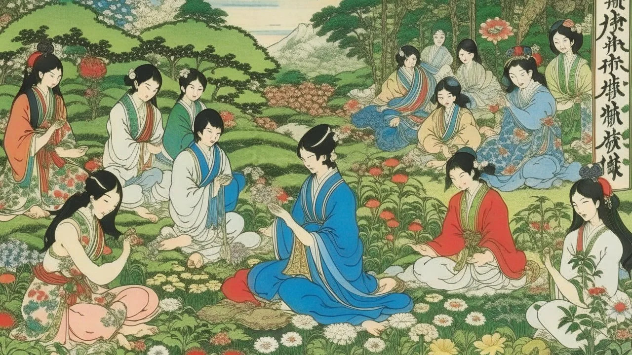 An illustration by Kuniyoshi and Manet of of individuals practicing yoga surrounded by blooming flowers and lush vegetation.