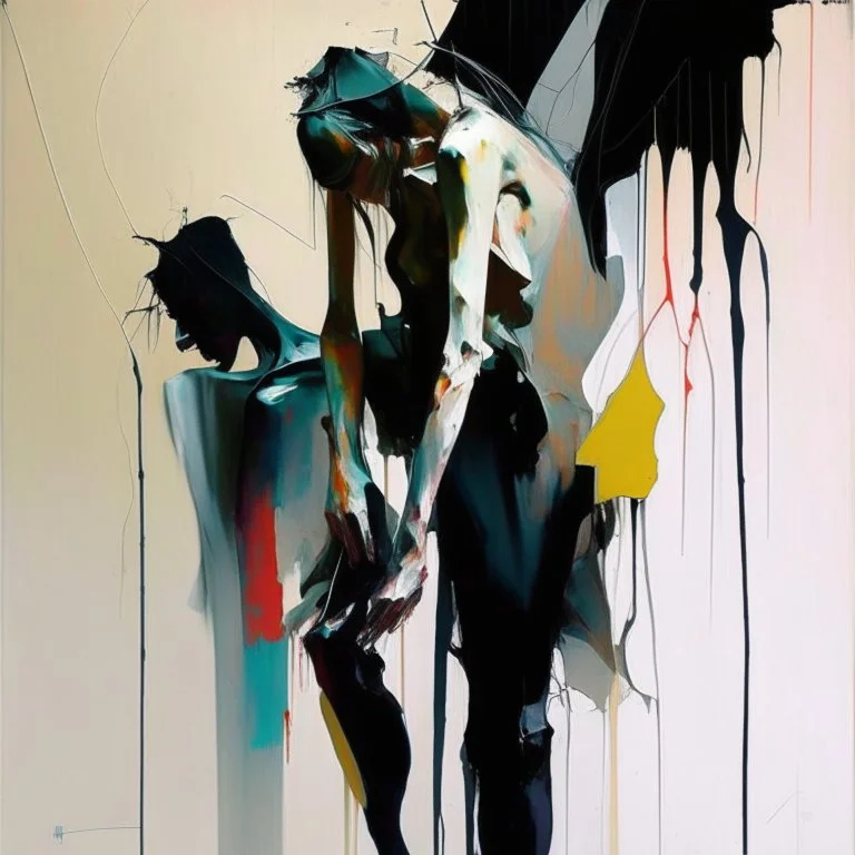 Minimal contemporary abstract flat figurative painting.. Big brushstrokes. Twisted fragments of bodies. Drips of paint. style of Justin Mortimer and Adrian Ghenie. Triadic colour