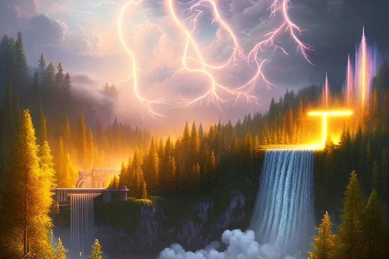 golden waterfall falling from clouds from heaven on meadow, hyper detailed, digital painting, elegant, centered, detailed, neon signs, volumetric lightning, brutalist architecture, 8k, flying hover cars