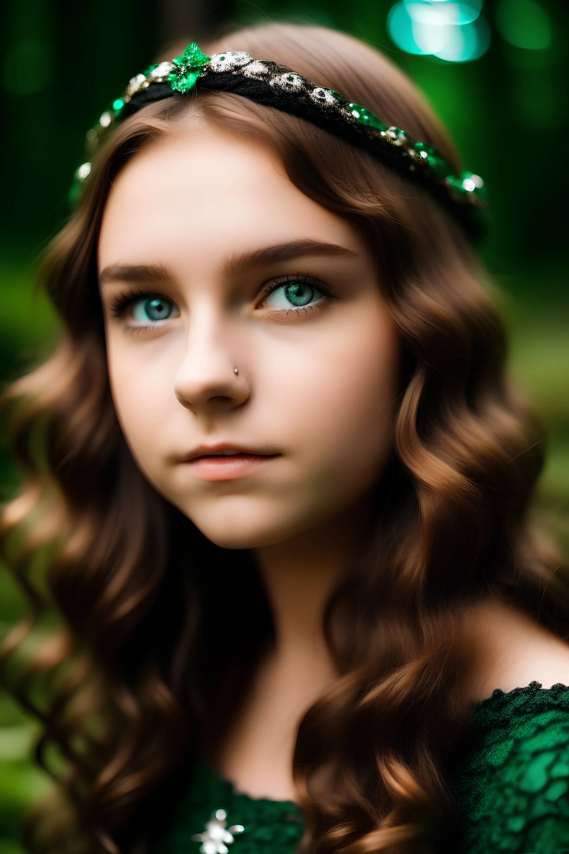 Teenage girl, anine style, wavy brown hair that comes down to her shoulders, white sparkly headband, forest green eyes, smokey black eyeshadow style, tanish skin