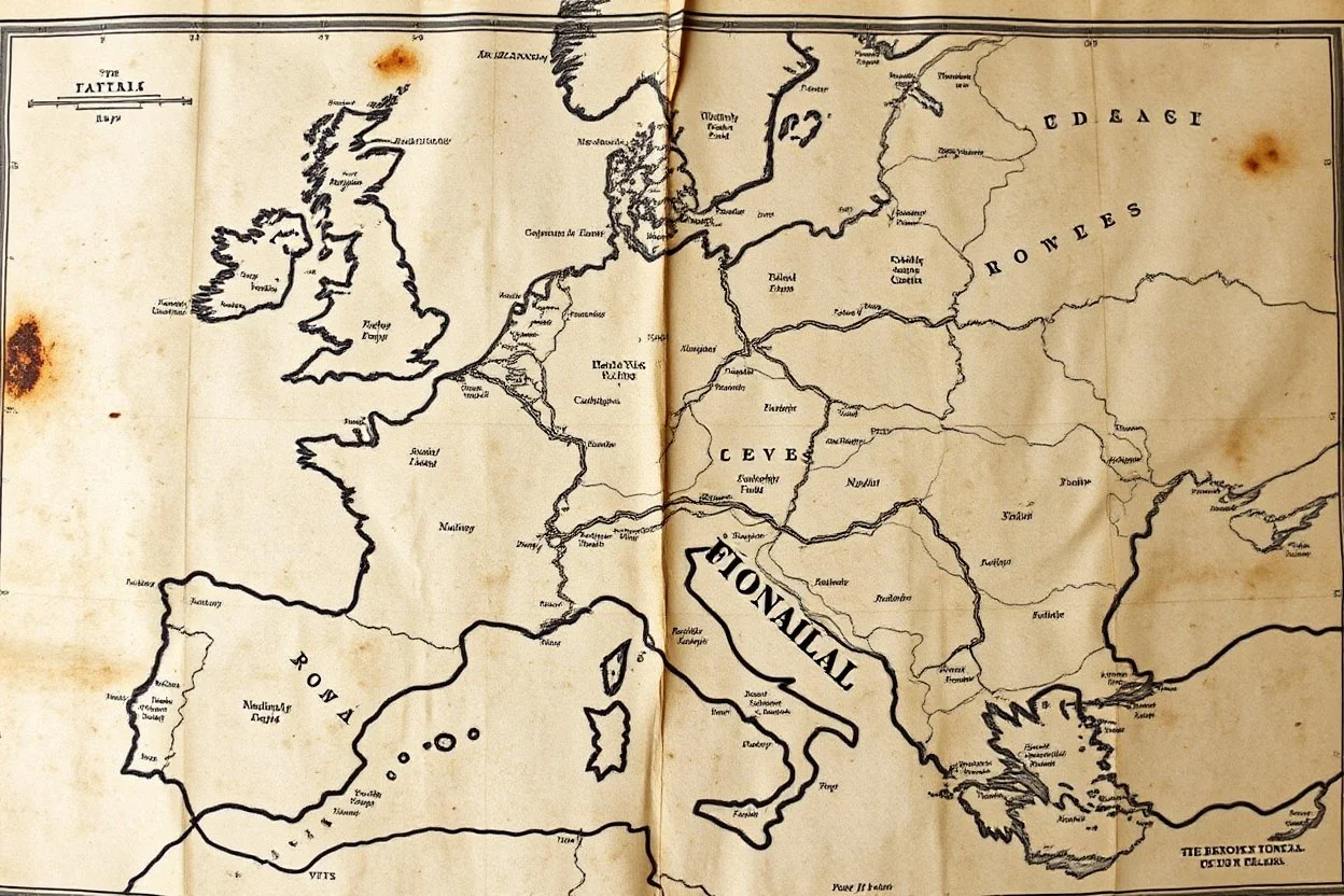an ancient printed road map that was black and white, but has since been stained and weathered