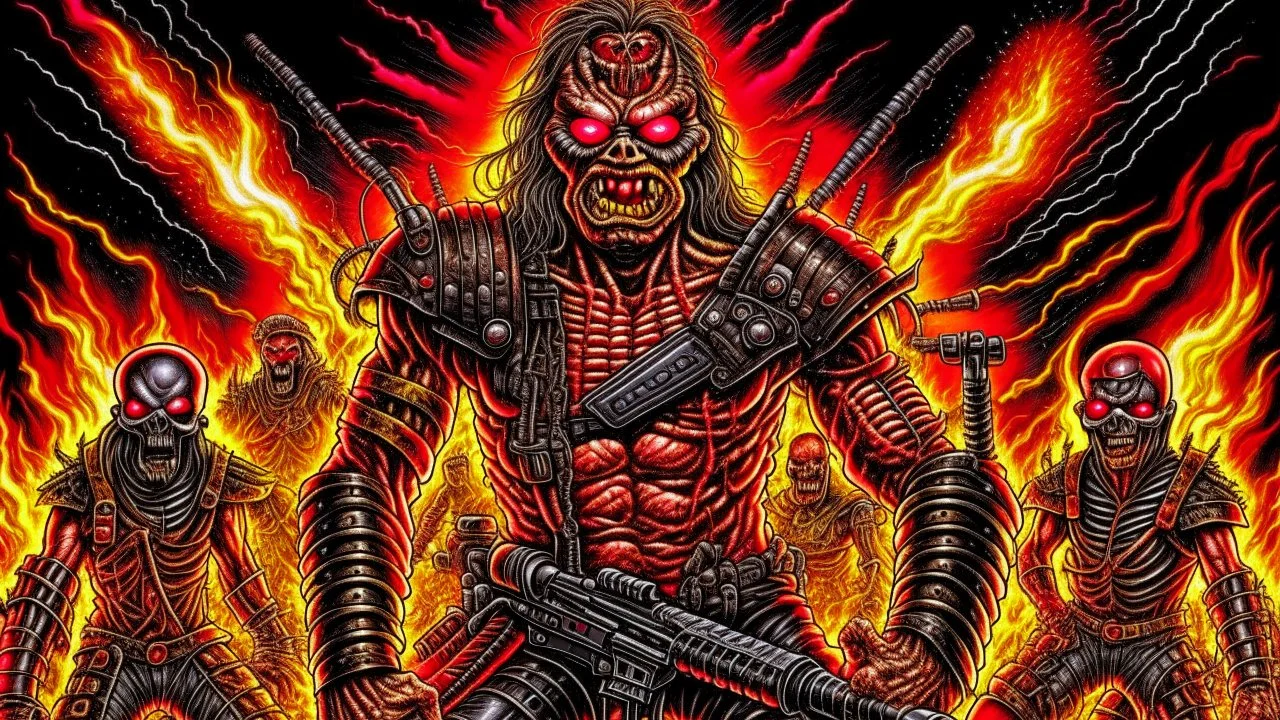 Terminator fight with eddie iron maiden, 4k full detail, realistic, émission radio logo hardrock pentagram firestarter tribute to Black sabbath flammes en fond