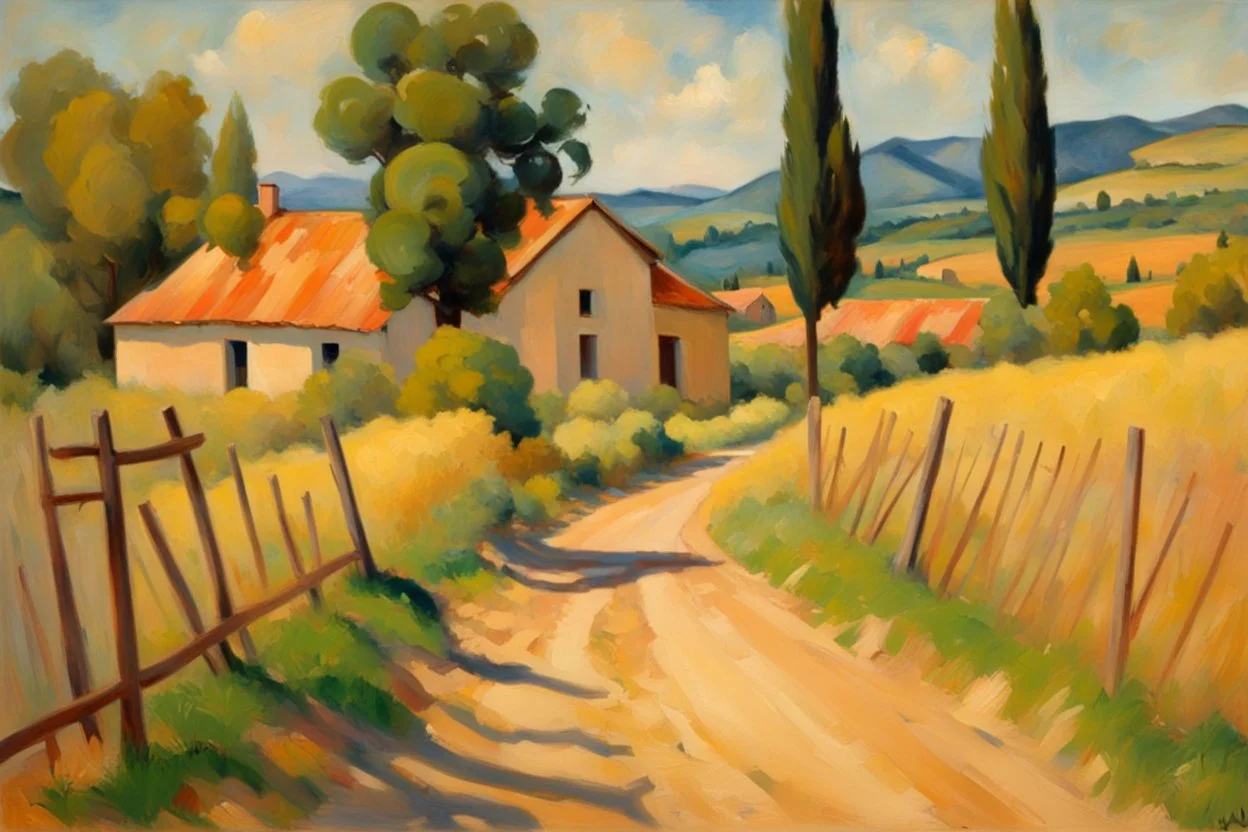 sunny day, mountains, trees, dirt road, countryside, nostalgy influence, adobe house, wilfrid de glehn and paul cezanne impressionism paintings