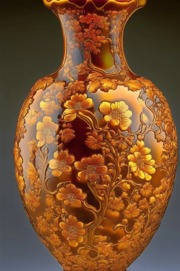 vase made from amber with flowers by ming dynasty, insanely detailed, complementary colors fine details, polished