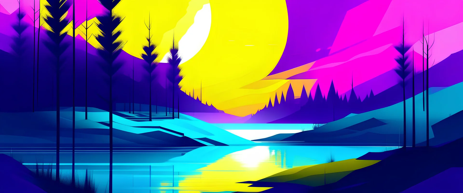 Landscape illustration with purple, yellow and cyan colors